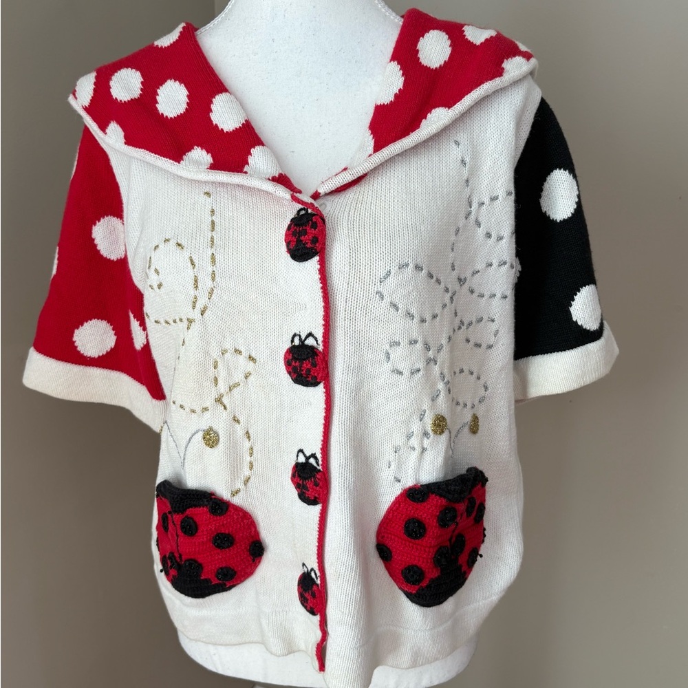 Berek Collections Ladybug Womens Cardigan Polka Dot Collar Sweater Med Vintage